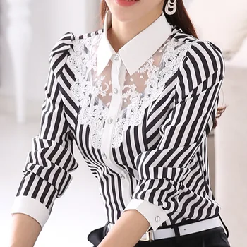 New Women Lace Spliced Embroidery OL Blouses Tops Feminine Slim Shirt Korean Fashion Stripe Tops Plus Size 4XL lace up plus size floral stripe t shirt