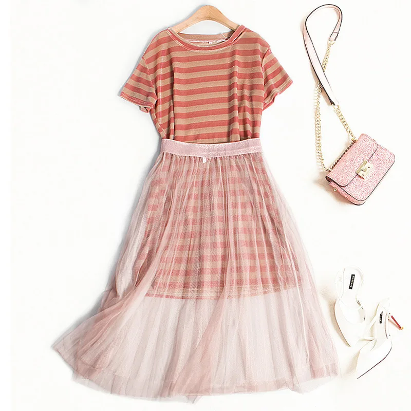 

2019 Summer New Dress Female Two-piece Suit Short-sleeved T-shirt Suspender Dress Mesh Lace Dresses For Women strip Clothing