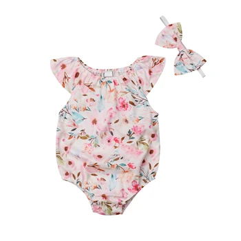 

2Pcs Cute Floral Baby Girl Bodysuits Elastic Jumpsuit One Piece Bodysuit Baby Jumpsuit With Flower Headdress Newborn Clothing