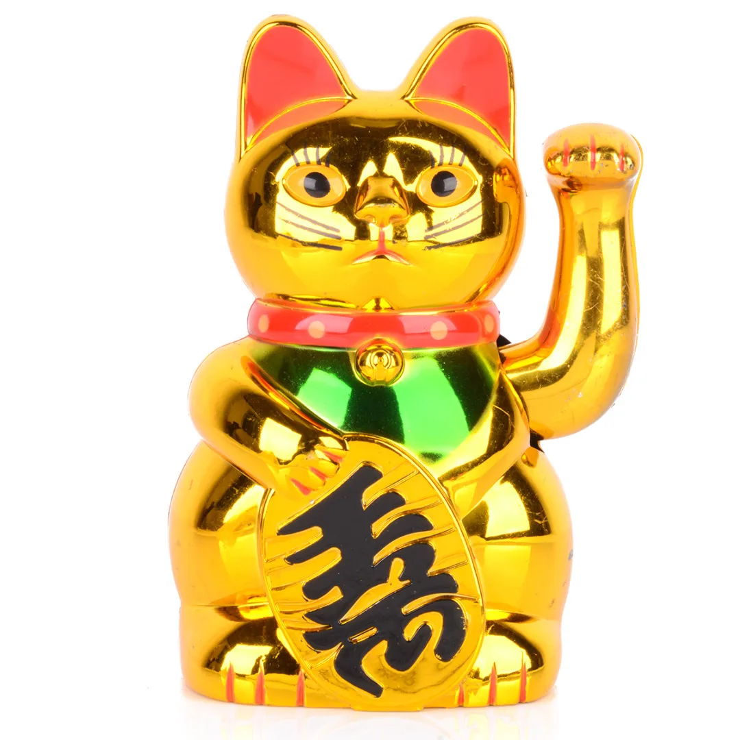 New Chinese Lucky Waving Gold Cat Feng Shui Figure Moving Arm in Colourful Box 