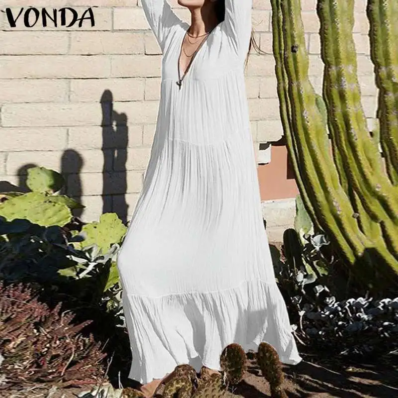 VONDA, длинное богемное платье макси, женское, плюс размер, весна, винтажное, повседневное, свободное, v-образный вырез, Vestido, Пляжное, черное, белое, платье S-5XL