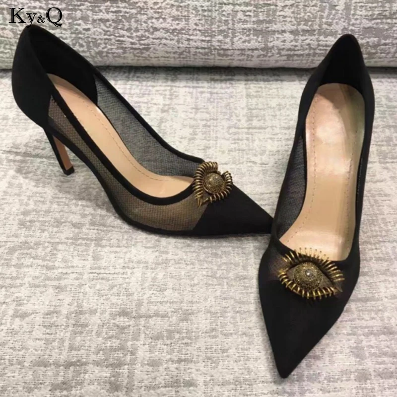 

2019 Spring New Ladies Fashion Pointed Comfortable Metal Decorative Eyes Shallow Mouth Fine With Casual Mesh High Heels 5-8cm