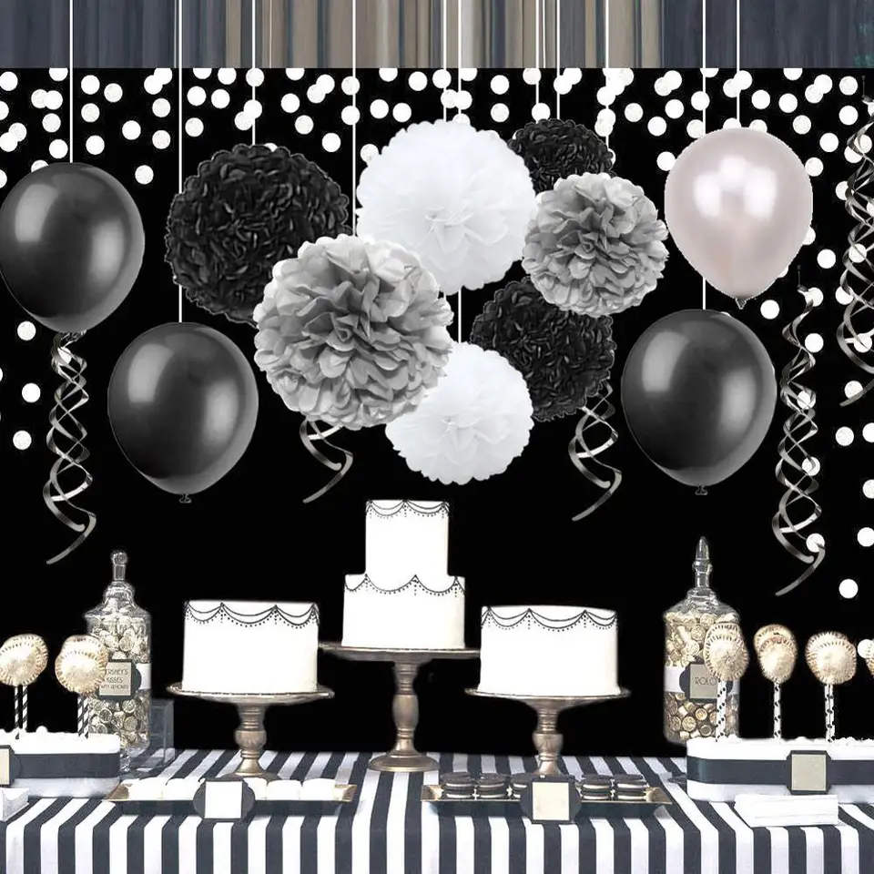 12 Pieces Noir Argent Fete Decoration Ensemble Irise Joyeux Anniversaire Banniere Gateau Topper Suspendus Tourbillonnements Etoile Guirlande Latex Ballons Aliexpress