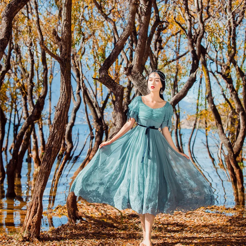Vestido de encaje de tul azul de marca para Mujer Vestidos de Mujer dulce Lolita Ropa Mujer Verano Kerst Jurk 2018 Vestidos de playa bohemios Vestido de encaje de tul azul de marca para Mujer Vestidos de Mujer dulce Lolita Ropa Mujer Verano Kerst Jurk 2018 Vestidos de playa bohemios