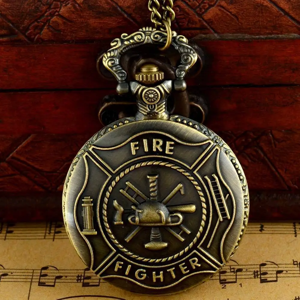 Бронза стимпанк стиль Fob часы пожарный Винтаж цепи часы с цепочки и ожерелья кварцевые карманные часы Мужская Подвеска для женщин часы