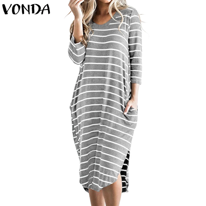 

VONDA Women Striped Dress 2019 Spring Autumn Causal Loose 3/4 Sleeve O Neck Pockets Asymmetric Split Mid-Calf Plus Size Vestidos