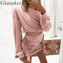 Glamaker, сексуальное Плиссированное облегающее платье с оборками, женское розовое мини-платье с рукавом-фонариком, осенние женские Короткие вечерние клубные платья, Vestido