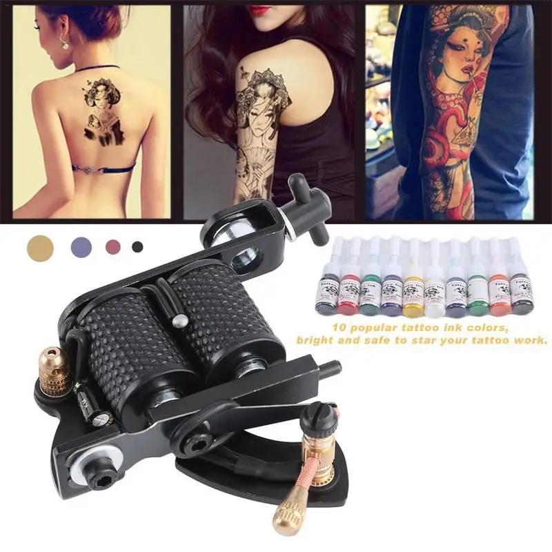 

Complete Tattoo Kits Professional Gun Machine Power Pedal 10 Color Ink Sets Nutrition Disposable Needle Gripping Tip EU Plug