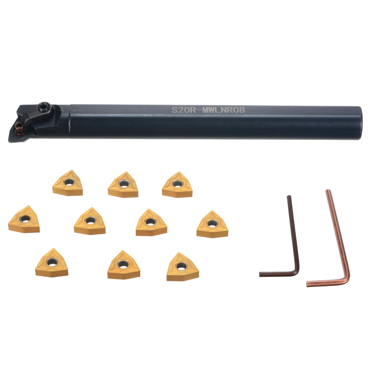

1pc S20R-MWLNR08 Lathe Turning Tool Holder 20*200mm Boring Bar + 10pcs WNMG0804 Carbide Inserts Gold Blades Cutter with Wrench