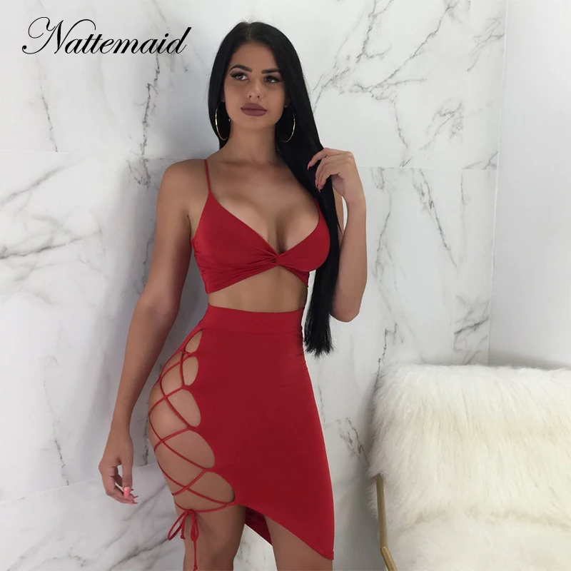 

NATTEMAID Two Piece Set Top And Skirt Set Summer 2 Piece Set Women Two Piece Sets 2018 Bandage Bodycon 2 Piece Outfits For Women