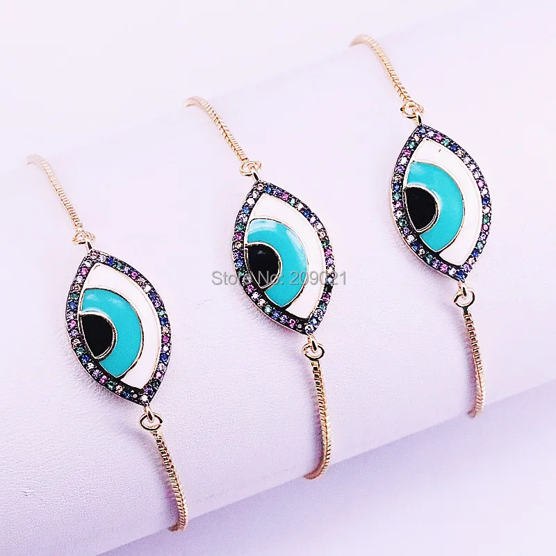 

8Pcs Trendy Micro Pave Colorful Cubic Zirconia Enamel Oval Eye Connector Adjustable Bracelets for Women/Men Jewelry