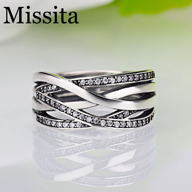 

Hight Quality Silver Sparkling Braided Pave Pan Ring For Women Wedding Luxury Exaggerated Big Twisted Jewelry