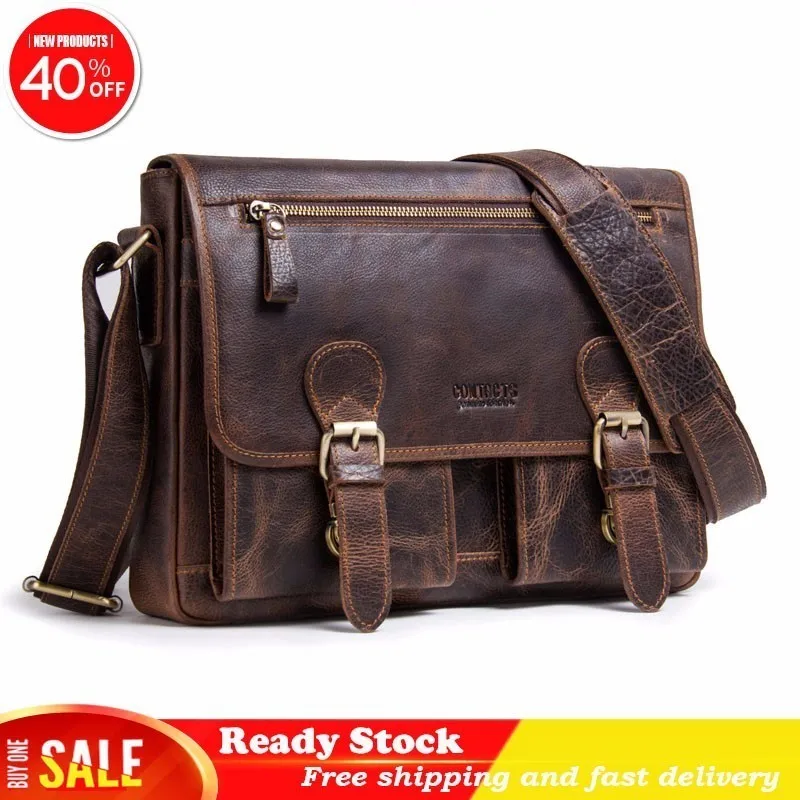 

Luxury brand Crazy Horse messenger bag men Leather Single Shoulder Package Oblique Satchel Genuine Male briefcase Free shipping