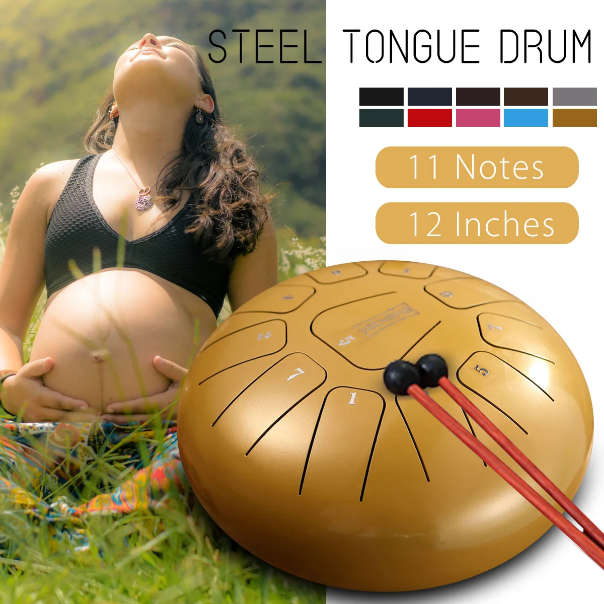 

SENRHY 12 Inch Hand Drum 11-Tone teel Tongue Percussion Drum Handpan Instrument with Drum Mallets Drumstick and Bag