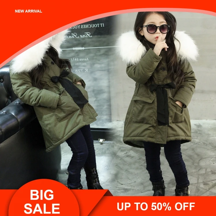 

Girls Jackets Kids Faux Fur Collar Coat Korean Children Winter Outwear 3-11 years old Army Green Thick Warm Coat