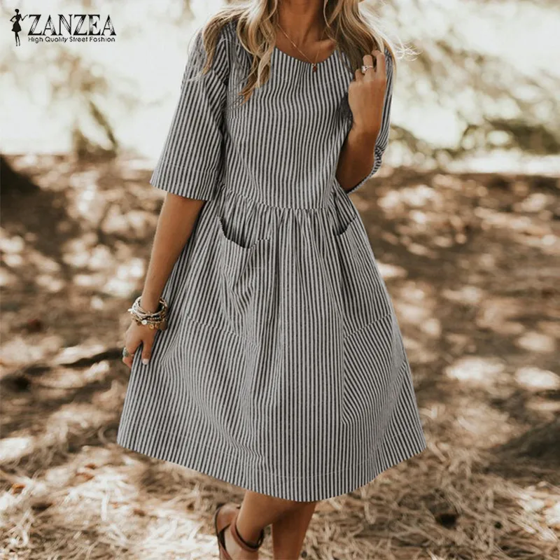 

5XL Women's Sarafans Vestidos Summer Striped Dress 2019 ZANZEA Plus Size Half Sleeve Dress Female Sundress Party Robe Femme