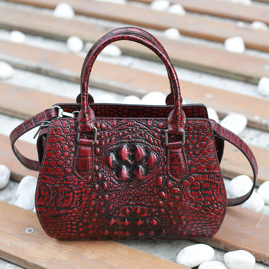 

High Quality Genuine Leather Shoulder Messenger Bags Handbag Retro Crocodile Pattern Embossed Natural Skin Women Top Handle Bag