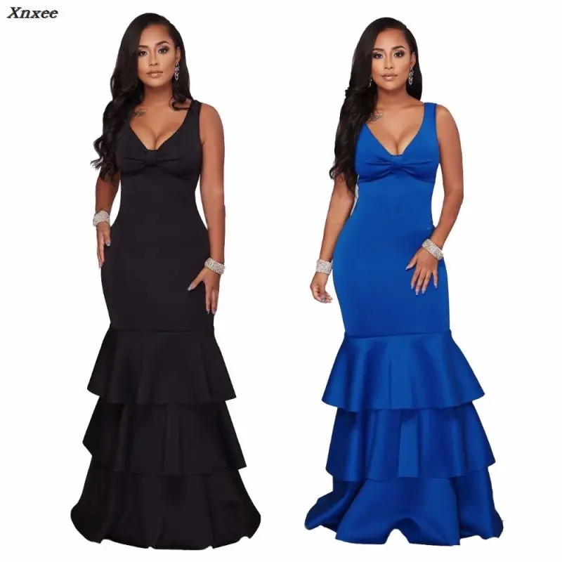 

Sleeveless Cascading Ruffles Long Mermaid Party Dress Fashion Women Black Blue Ruched Package Hip Maxi Bodycon Dresses Vestidos