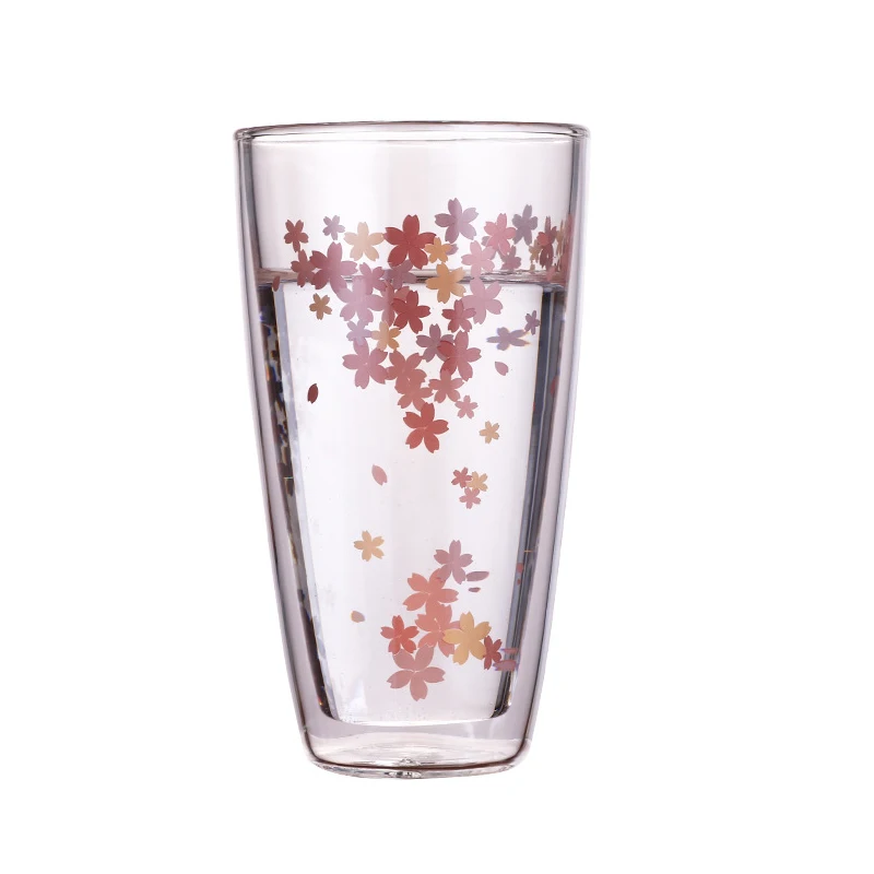 Креативная кружка с цветком вишни двухслойная стеклянная индивидуальная мода прозрачный лед крем молочный чайный сок, напиток чашка D