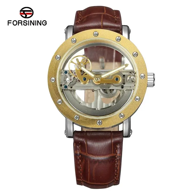 

Forsining 2019 Gold Dial Transparent Case Leather Stainless Steel Strap Mens Watches Top Brand Luxury AutomaticWrist Watches