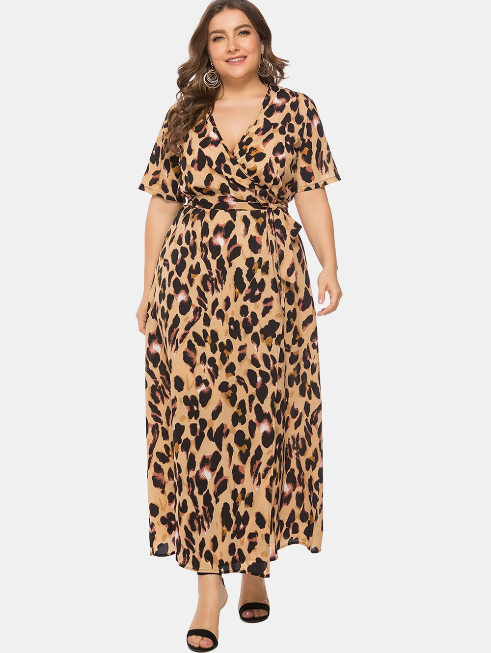 Wipalo женское платье большого размера 6XL с леопардовым принтом, Платье макси с v-образным вырезом и коротким рукавом, Повседневное платье длиной до лодыжки, летнее платье