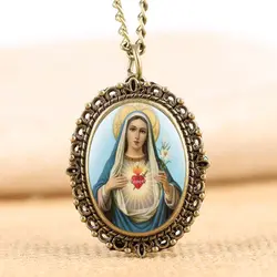 Простой Винтаж богиня медальон Дева Мария кварцевые карманные часы цепи христианское ожерелье богиня католическая сувенирный подарок для