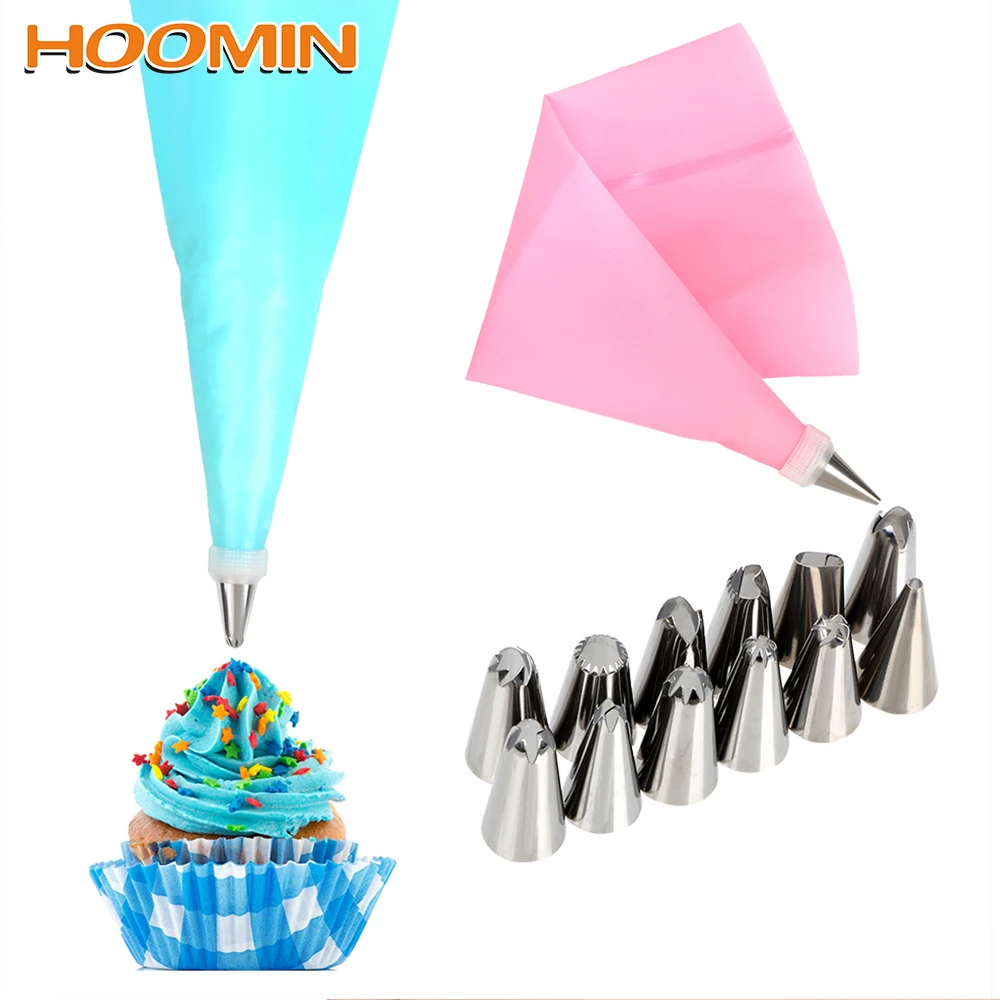 

HOOMIN 14pcs/set Icing Piping Cream Pastry Bag +12 Nozzle Sets Pastry Tips Converter Silicone DIY Cake Decorating Baking Tool