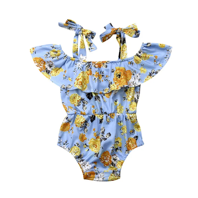

Newborn Baby Girls clothes off shoulder strap Ruffle Cotton Bodysuit sleeveless Flower print kids Polyester Jumpsuit one pieces