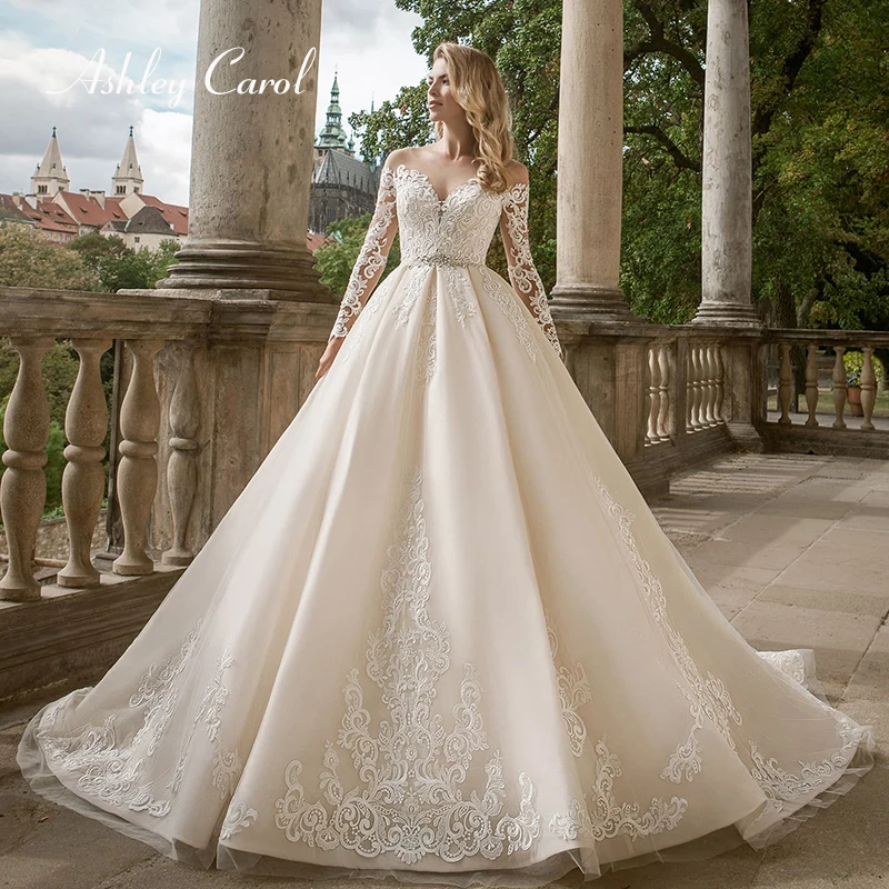 

Ashley Carol Appliques A-Line Wedding Dress 2019 Sweetheart Long Sleeve Lace Up Chapel Train Luxury Bridal Gown Vestido de Novia