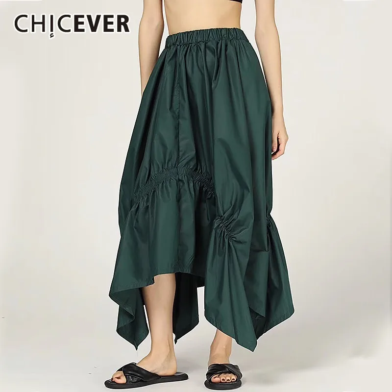 

CHICEVER Summer Casual Pleated Ruffles Women Skirt Elastic High Waist Loose Slim Asymmetrical Mid Calf Skirts 2019 Fashion New