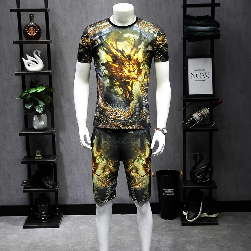 

2-piece Set Summer Fashion New Pattern Dragon Design Pattern Short Sleeve T Shirt Suit Male Slim Fit Short+TShirt Ropa Hombre
