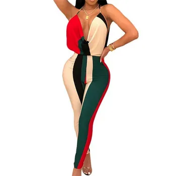 

Women's Backless Summer Playsuit Ladies' New Sexy Bodycon Party Jumpsuit Romper Long Pants Patchwork Color V-neck Hot Selling