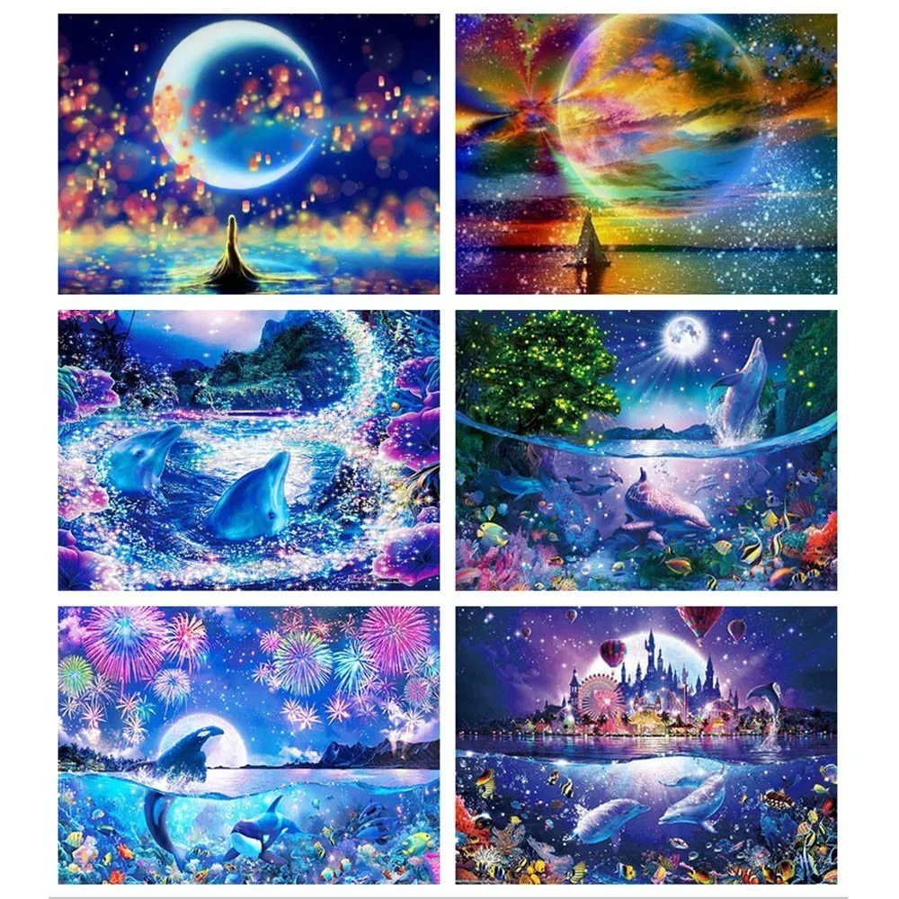 

Huacan DIY Diamond Painting Landscape Mosaic Dolphin Diamond Painting Full Square Scenery Home Decor Gift