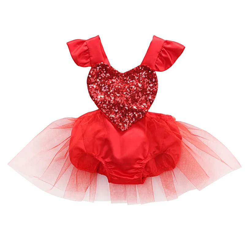 

CANIS 2019 New Sequin Fahion Newborn Baby Girl Red Love Heart Romper Lace Tutu Jumpsuit Outfits Summer Sunsuit