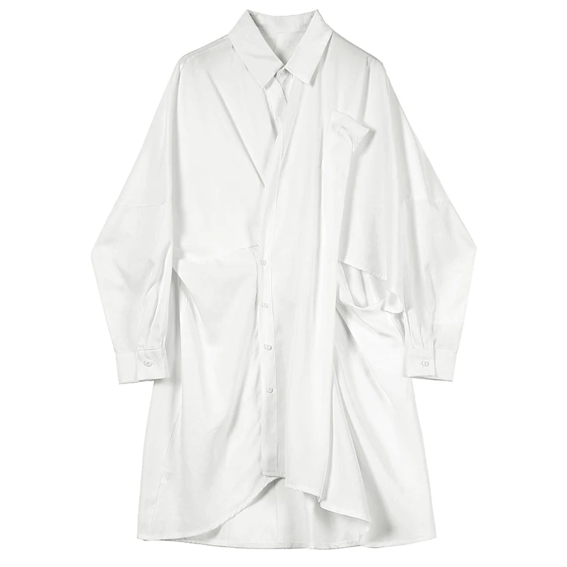 [EAM] новое осенне-зимнее белое свободное Бандажное платье-рубашка с отворотом и длинным рукавом из двух частей JS107