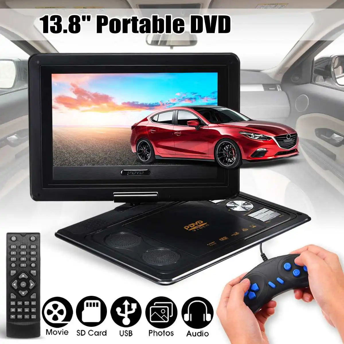 

13.8inch Portable DVD Player Car TV CD Digital Multimedia Player Rotate USB SD Support Game Function With Gamepad Car Charger