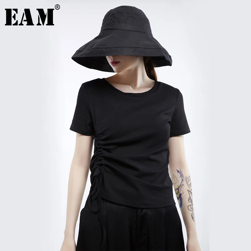 

[EAM] 2019 New Spring Summer Round Neck Short Sleeve Black Drawstring Irregular Loose Brief T-shirt Women Fashion Tide JU151