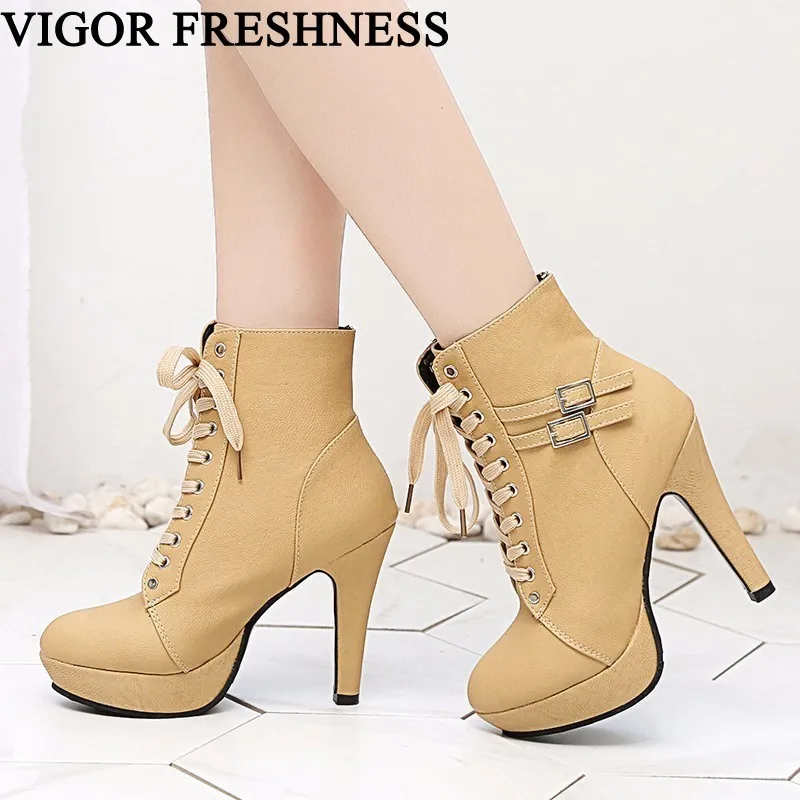 

VIGOR FRESHNESS Women Ankle Boots Woman Autumn Shoes Lace Up Super High Heels Boots Spring Warm Shoes Ladies Bota Feminina MY102
