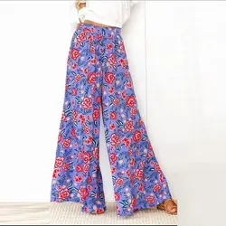 Флористический с высокой талией брюки для девочек Лето 2019 богемный Винтаж широкие брюки для женщин пляжные брюки Бохо Сексуальная уличная