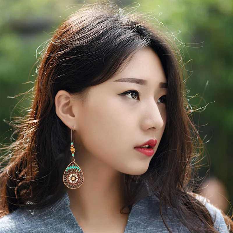 Boho High Quality 2019 New Wedding Party Jewelry Accessories Hot Sale Drop Earring 1Pair Water Drop India Ethnic Hollow Out