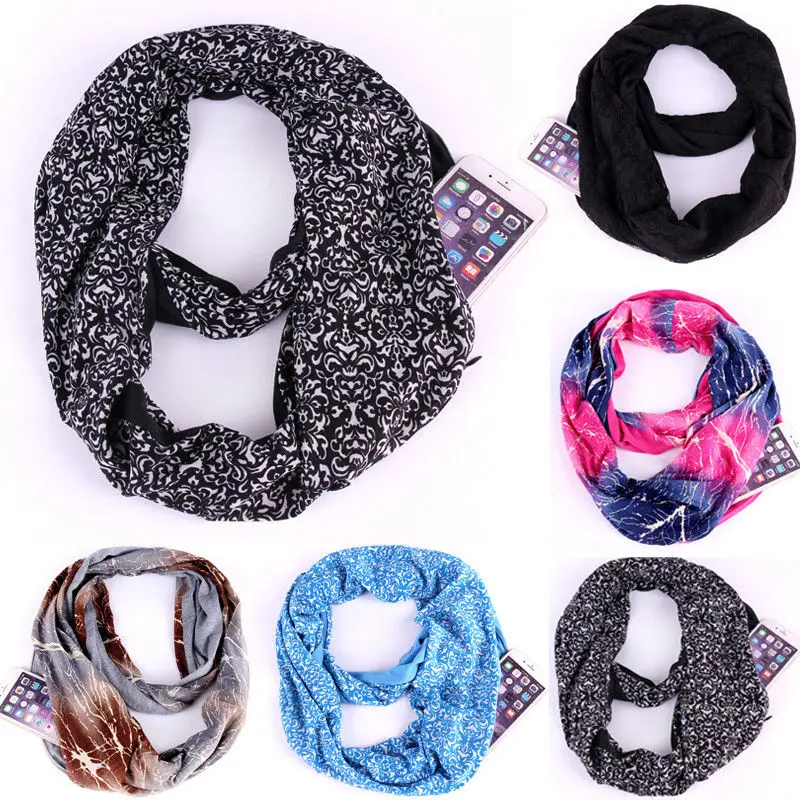 Women Stretchy Infinity Loop Scarf With Hidden Zipper Pocket Blanket