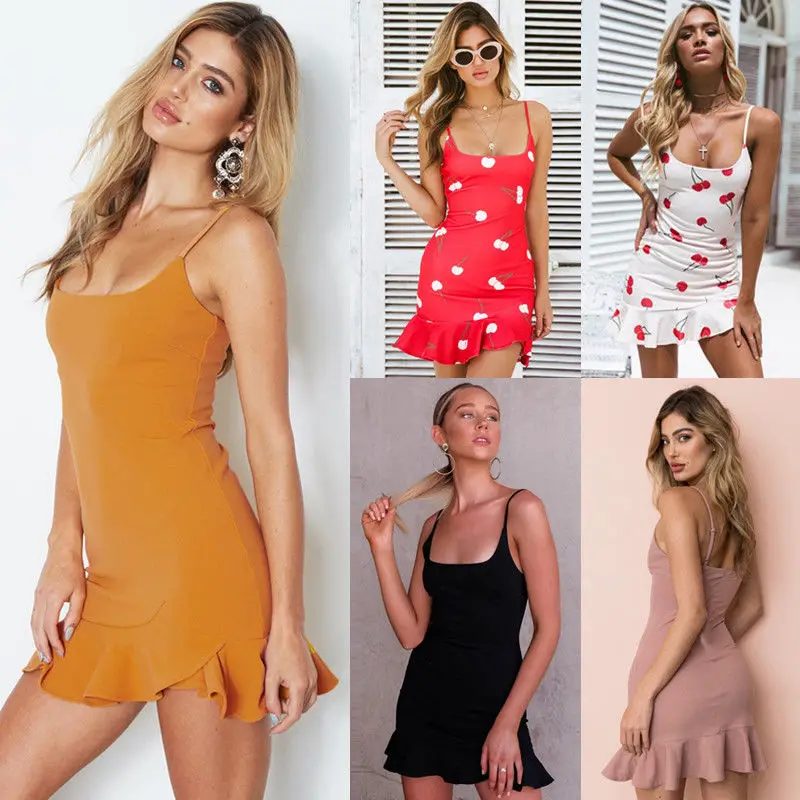 

2018 Sweet Fashion Summer Women Ladies Dress Sundress 5 Style Sleeveless Solid Print Ruffles Skinny Mini Dress Size S/M/L/XL