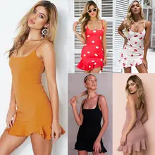 2018 Sweet Fashion Summer Women Ladies Dress Sundress 5 Style Sleeveless Solid Print Ruffles Skinny Mini Dress Size S/M/L/XL