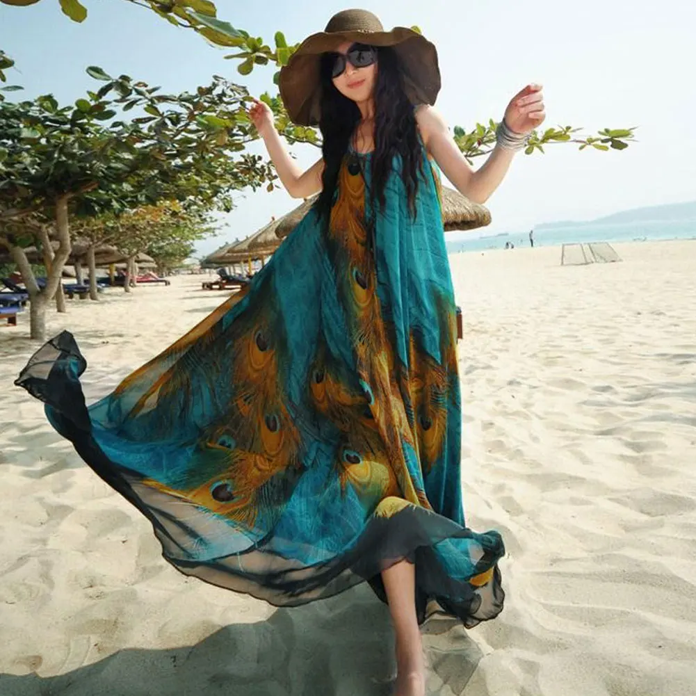 

Women Maxi Long Dress Plus Size 5XL Sleeveless Chiffon Dress Feather Print Sash Casual Loose Swing Tunic Dress Beach Boho Dress
