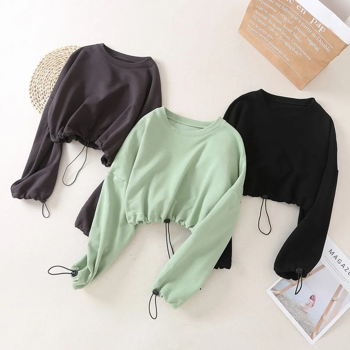 

Women Fashion Loose Casual Hoodies Solid O Neck Pullover Cropped Sweatshirt