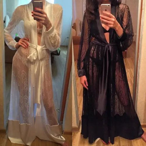 

Sexy Night Gown Robes Lingerie Sleepdress 2019 Women's Silk Lace Crochet Mesh Robe Nightdress Sleepwear Underwear Nightdress