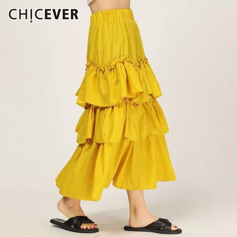 

CHICEVER Spring Sweet Women Ruffles Skirt High Elastic Waist A-line Mid-calf Loose Oversize Female Skirts 2019 Fashion New