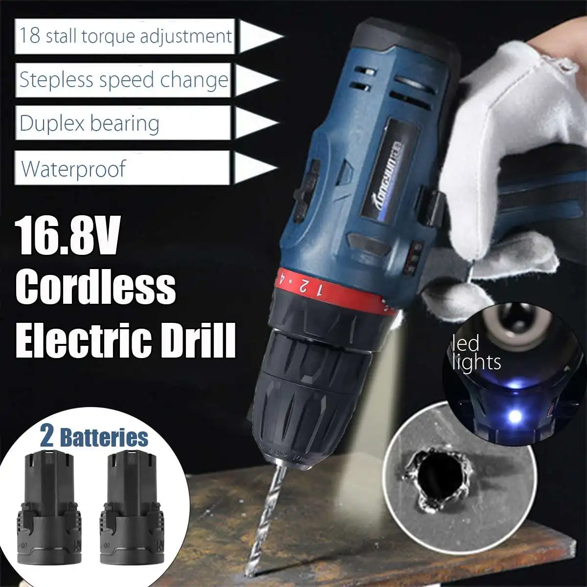 

16.8V Li-Ion 2/5'' LED Electric Cordless Hammer Drill Driver Mini Impact Drill W/ 2 Batteries 2 Speed Power Tools