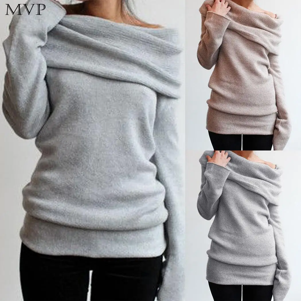 Women Casual Slash Neck Long Sleeve Off Pullover Autumn Winter Shoulder Solid Sweater | Женская одежда