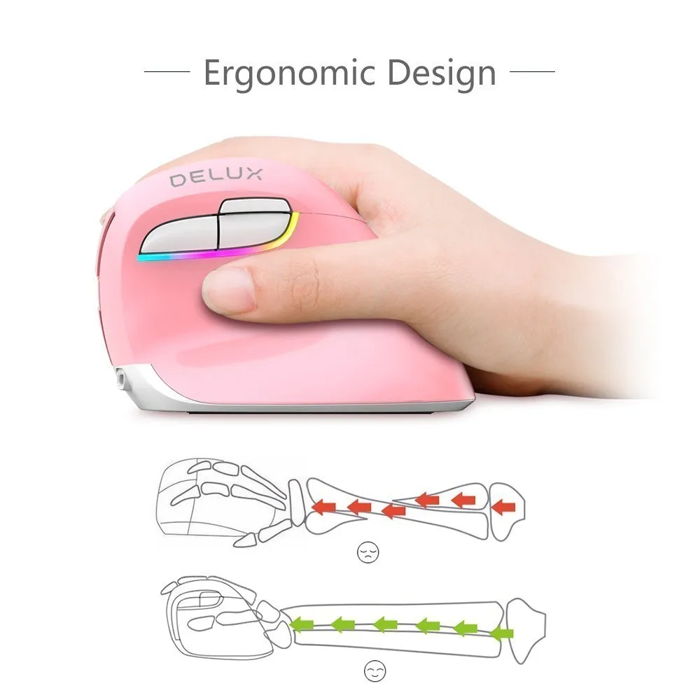 Delux M618 Mini Bluetooth USB Wireless Mouse Silent Click RGB Ergonomic Rechargeable Vertical Mice for Small 3